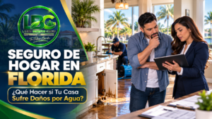 Propietario hispano en Florida hablando con una asesora sobre daños por agua en su hogar